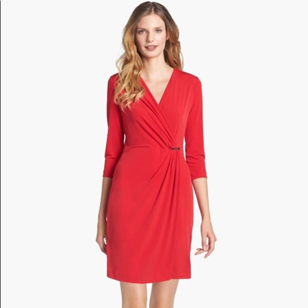 Red Calvin Klein Jersey Faux Wrap Dress
